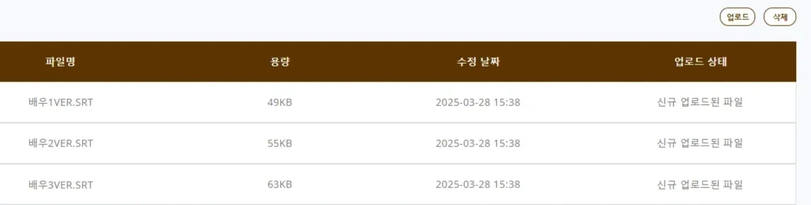 자막 파일 목록 캡처 — 파일명 / 용량 / 수정 날짜 / 업로드 상태: 배우1VER.SRT 49KB 2025-03-28 15:38 신규 업로드된 파일 / 배우2VER.SRT 55KB 2025-03-28 15:38 신규 업로드된 파일 / 배우3VER.